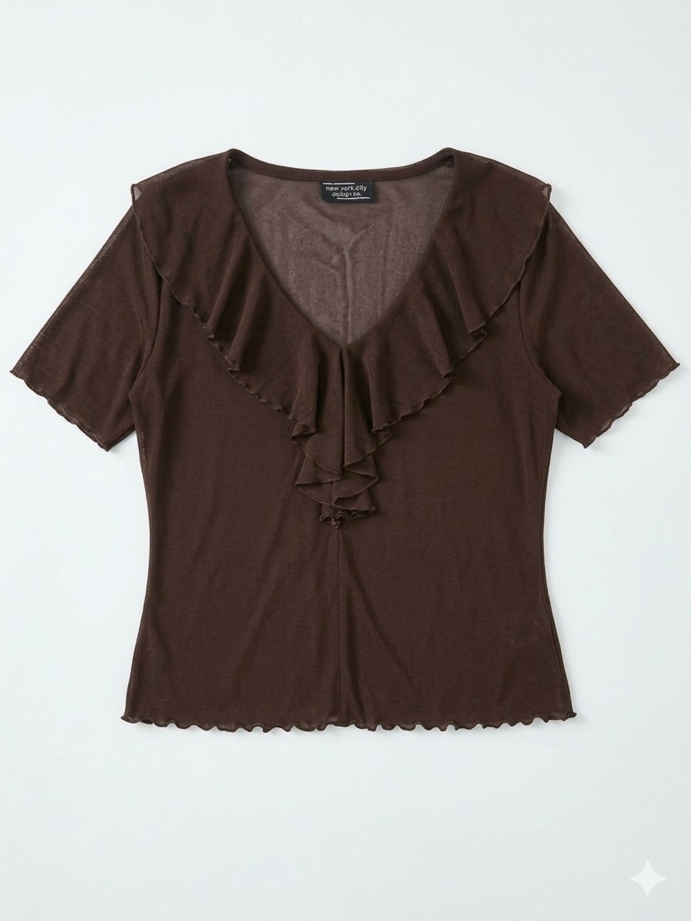 New York & Company Chocolate Brown Ruffle V-Neck Short Sleeve Top